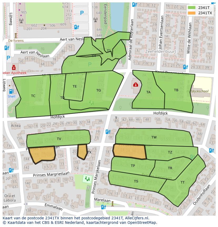 Afbeelding van het postcodegebied 2341 TX op de kaart.