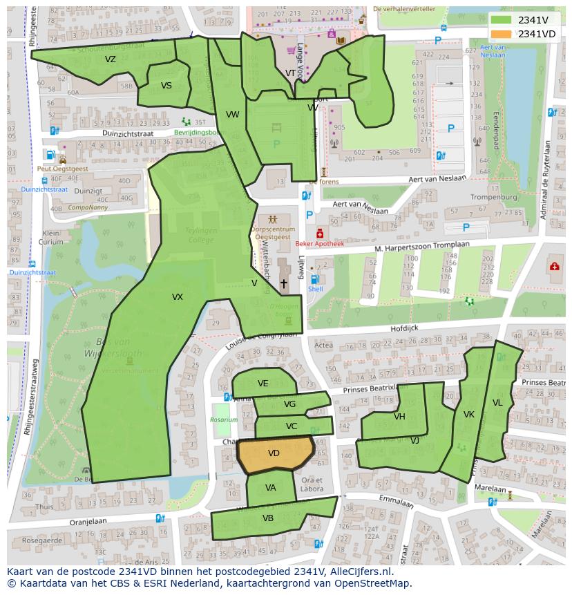 Afbeelding van het postcodegebied 2341 VD op de kaart.