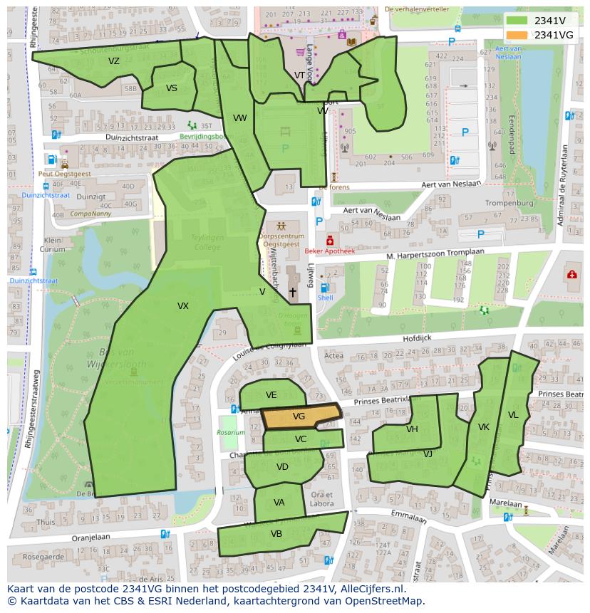 Afbeelding van het postcodegebied 2341 VG op de kaart.