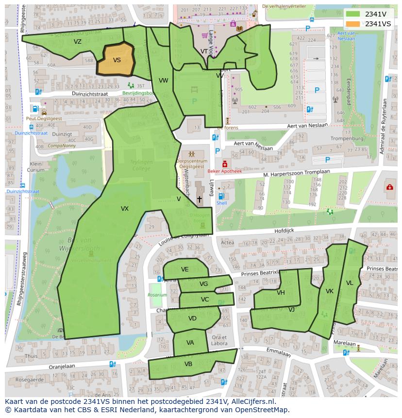 Afbeelding van het postcodegebied 2341 VS op de kaart.