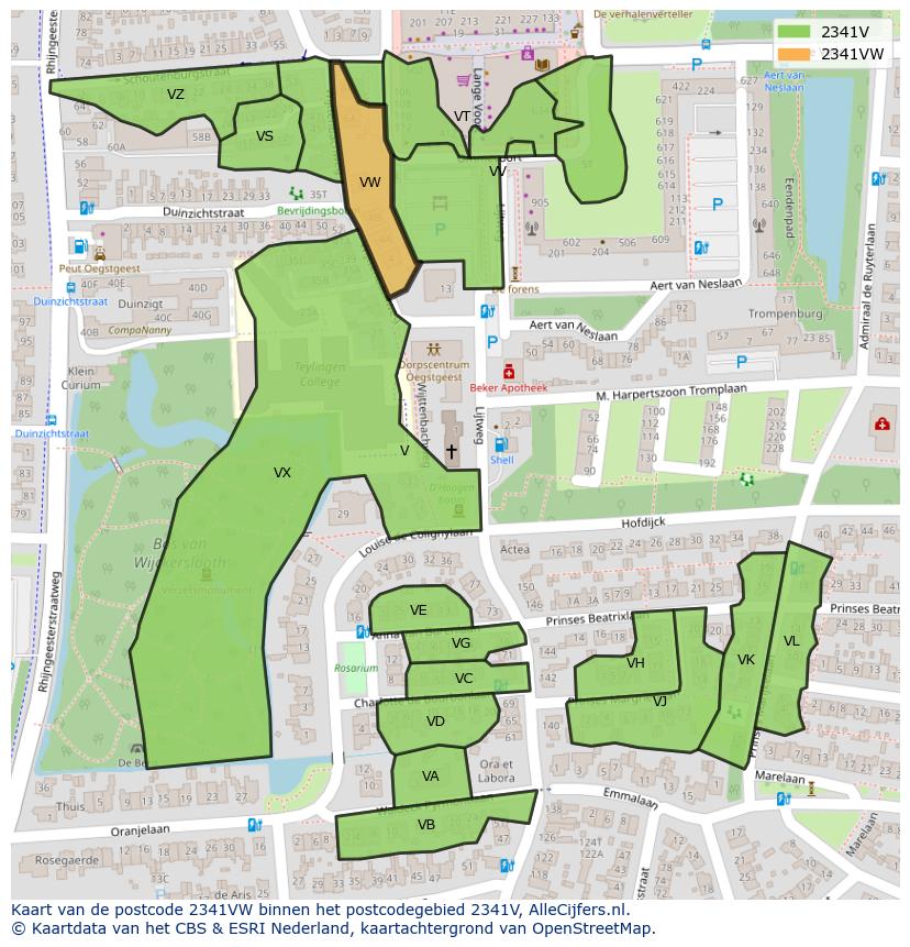 Afbeelding van het postcodegebied 2341 VW op de kaart.