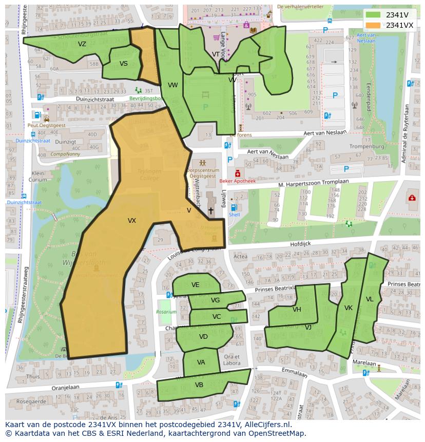 Afbeelding van het postcodegebied 2341 VX op de kaart.