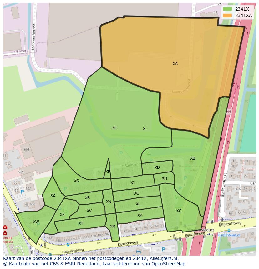 Afbeelding van het postcodegebied 2341 XA op de kaart.