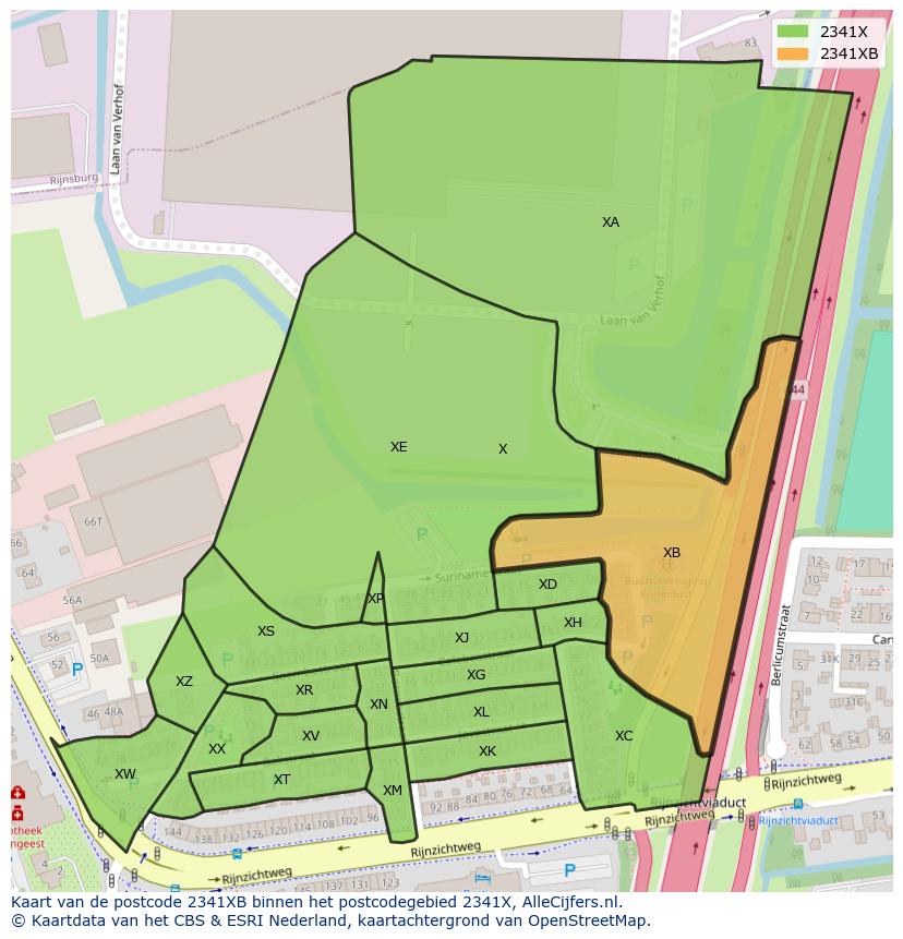 Afbeelding van het postcodegebied 2341 XB op de kaart.