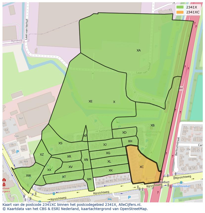 Afbeelding van het postcodegebied 2341 XC op de kaart.