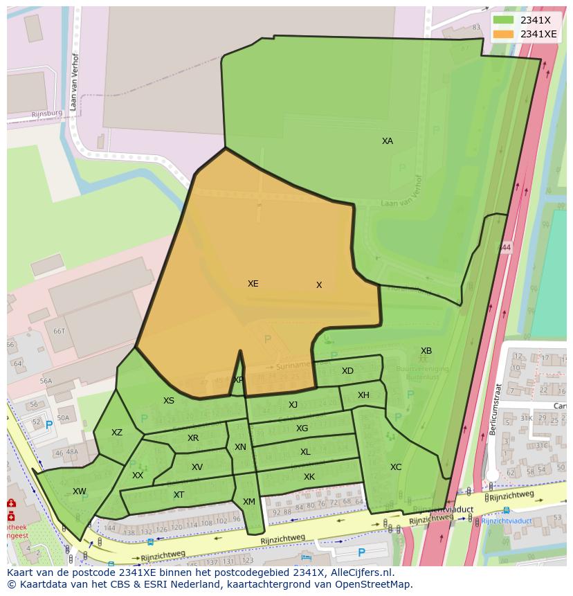 Afbeelding van het postcodegebied 2341 XE op de kaart.