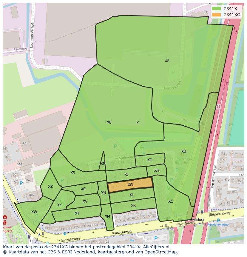 Afbeelding van het postcodegebied 2341 XG op de kaart.