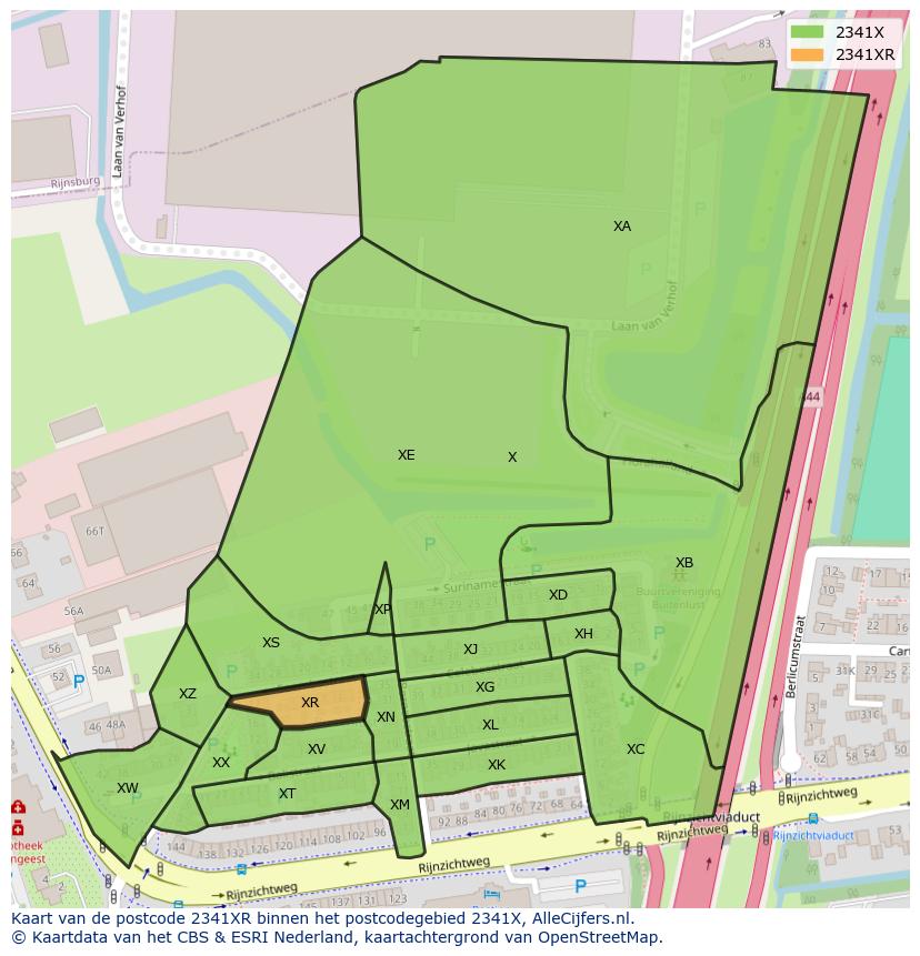 Afbeelding van het postcodegebied 2341 XR op de kaart.