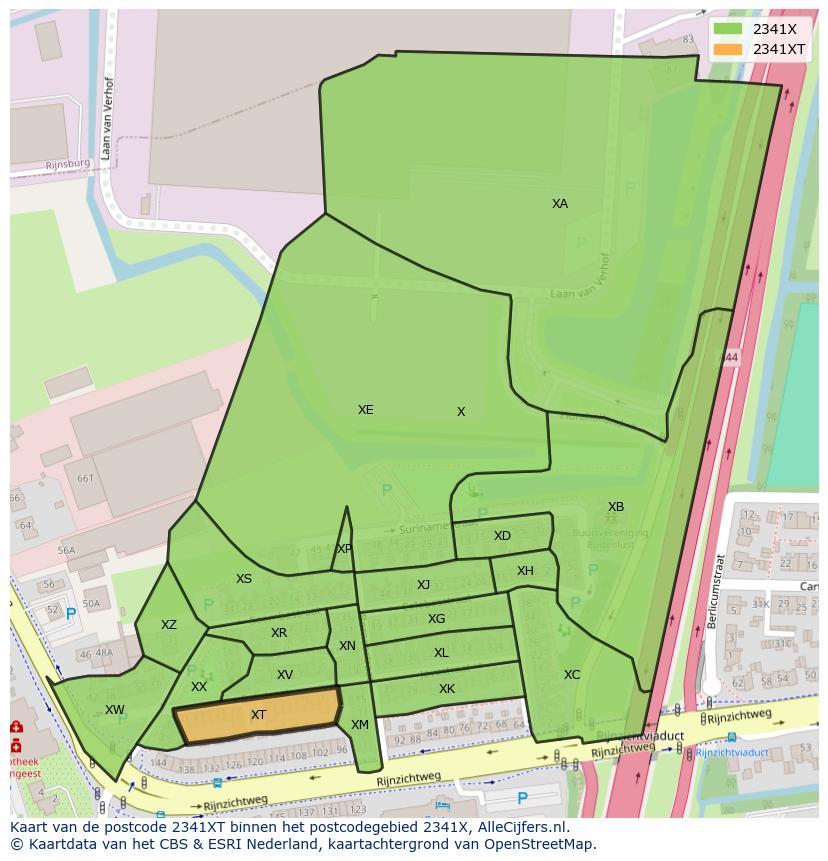 Afbeelding van het postcodegebied 2341 XT op de kaart.