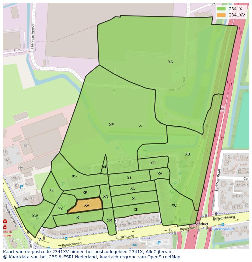 Afbeelding van het postcodegebied 2341 XV op de kaart.