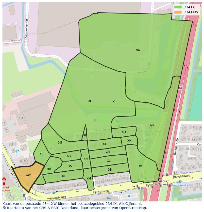 Afbeelding van het postcodegebied 2341 XW op de kaart.