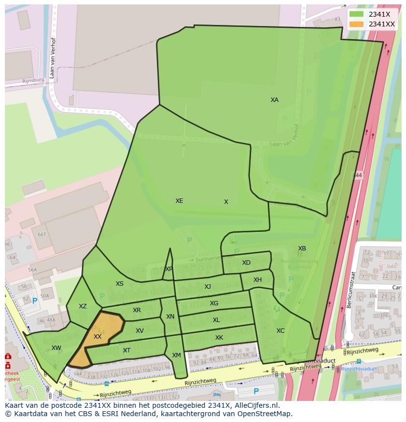 Afbeelding van het postcodegebied 2341 XX op de kaart.