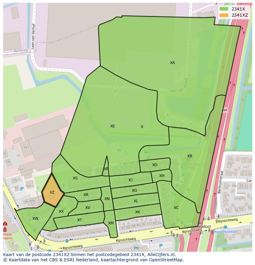 Afbeelding van het postcodegebied 2341 XZ op de kaart.