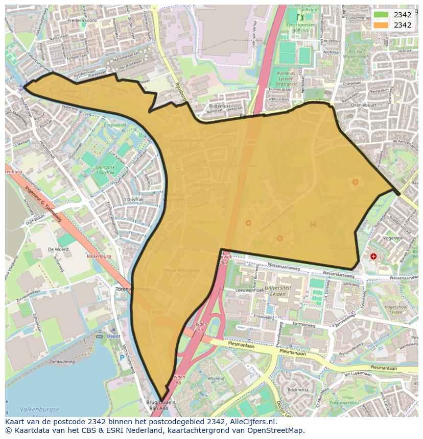 Afbeelding van het postcodegebied 2342 op de kaart.