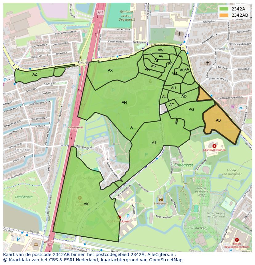 Afbeelding van het postcodegebied 2342 AB op de kaart.