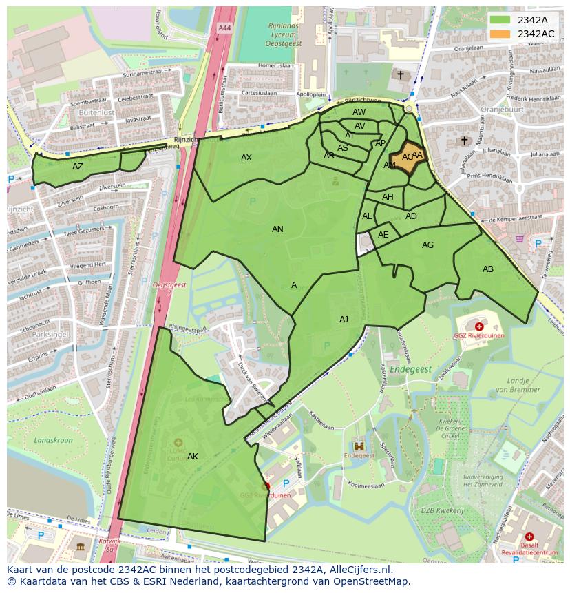 Afbeelding van het postcodegebied 2342 AC op de kaart.