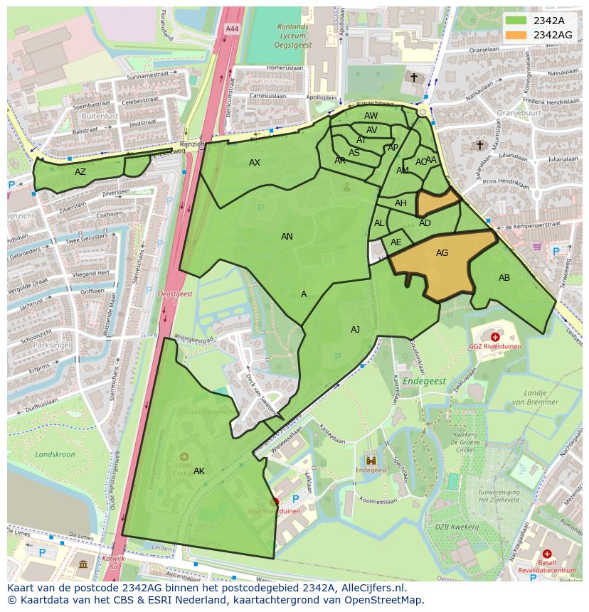 Afbeelding van het postcodegebied 2342 AG op de kaart.