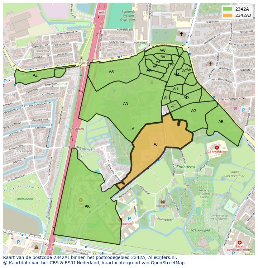 Afbeelding van het postcodegebied 2342 AJ op de kaart.