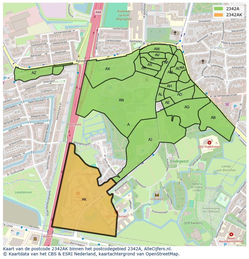 Afbeelding van het postcodegebied 2342 AK op de kaart.