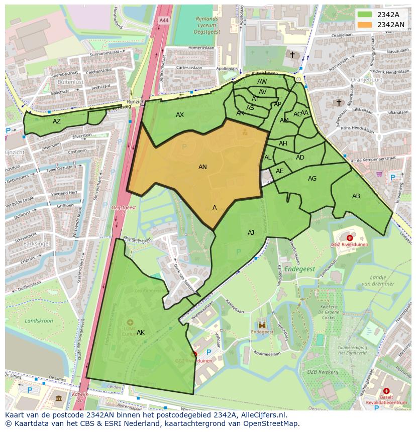 Afbeelding van het postcodegebied 2342 AN op de kaart.