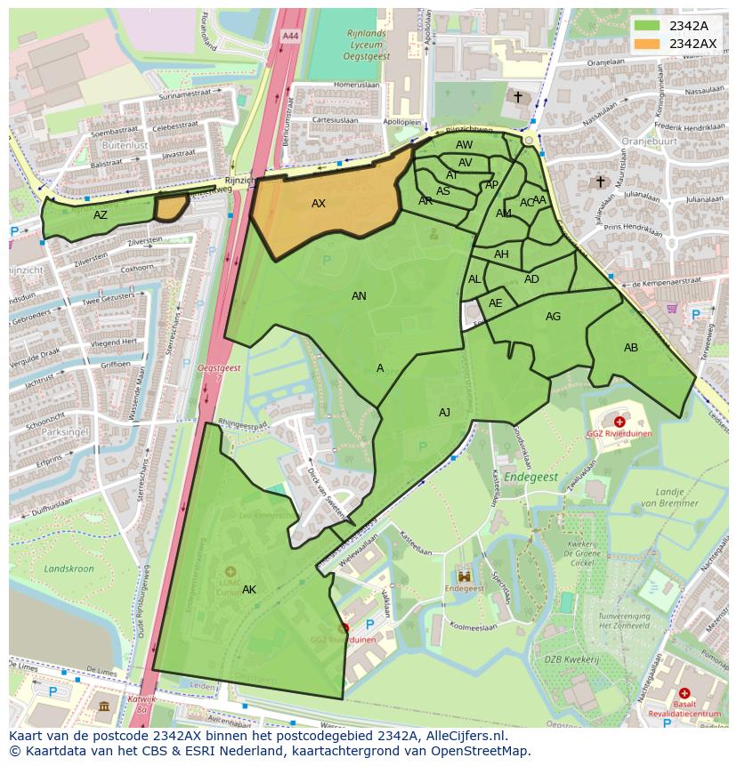 Afbeelding van het postcodegebied 2342 AX op de kaart.