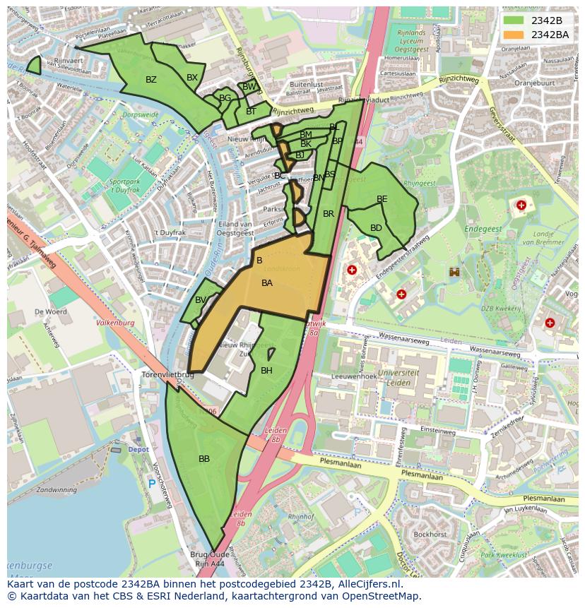 Afbeelding van het postcodegebied 2342 BA op de kaart.