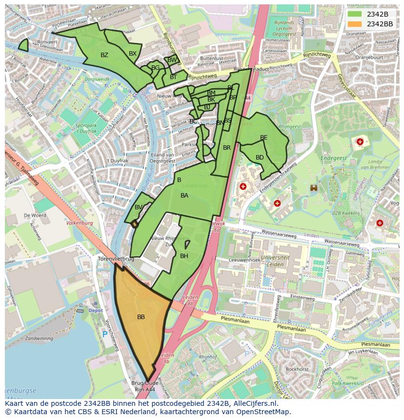 Afbeelding van het postcodegebied 2342 BB op de kaart.
