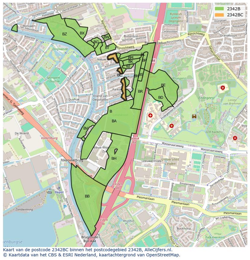 Afbeelding van het postcodegebied 2342 BC op de kaart.