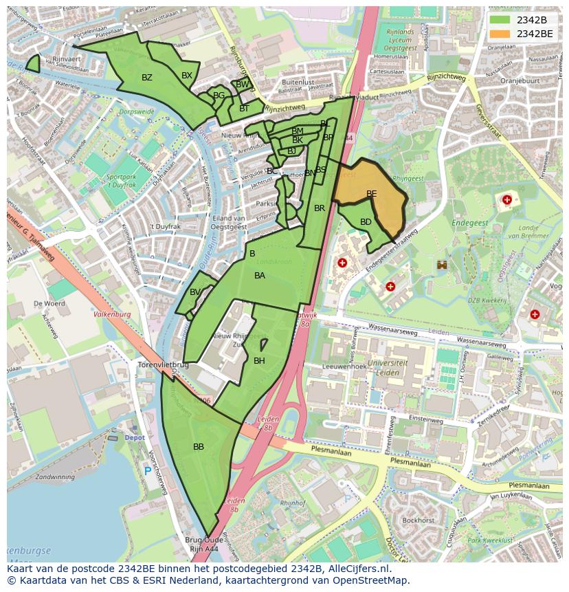 Afbeelding van het postcodegebied 2342 BE op de kaart.