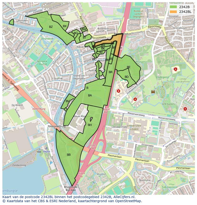 Afbeelding van het postcodegebied 2342 BL op de kaart.