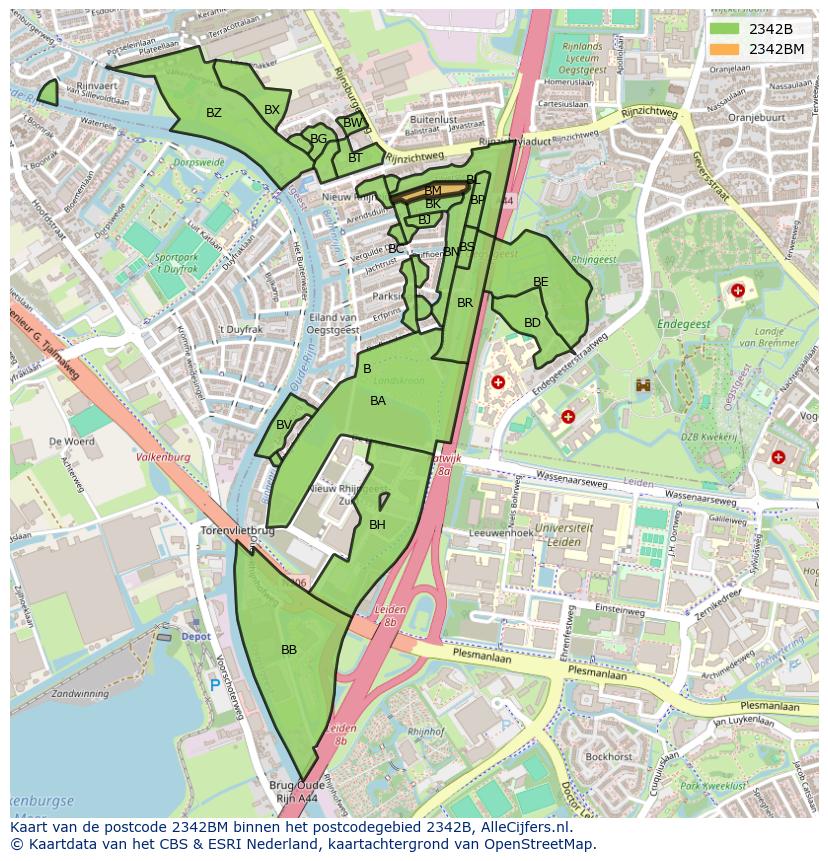 Afbeelding van het postcodegebied 2342 BM op de kaart.