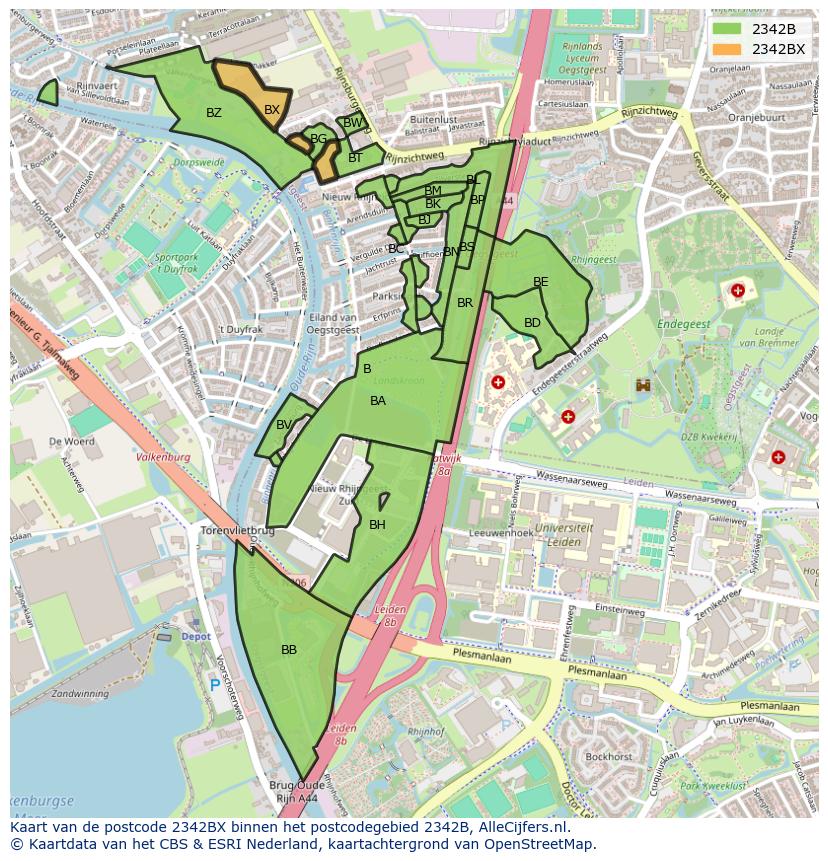 Afbeelding van het postcodegebied 2342 BX op de kaart.