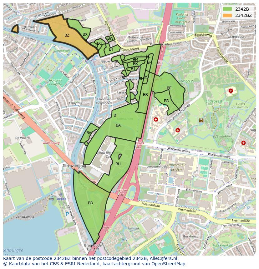 Afbeelding van het postcodegebied 2342 BZ op de kaart.