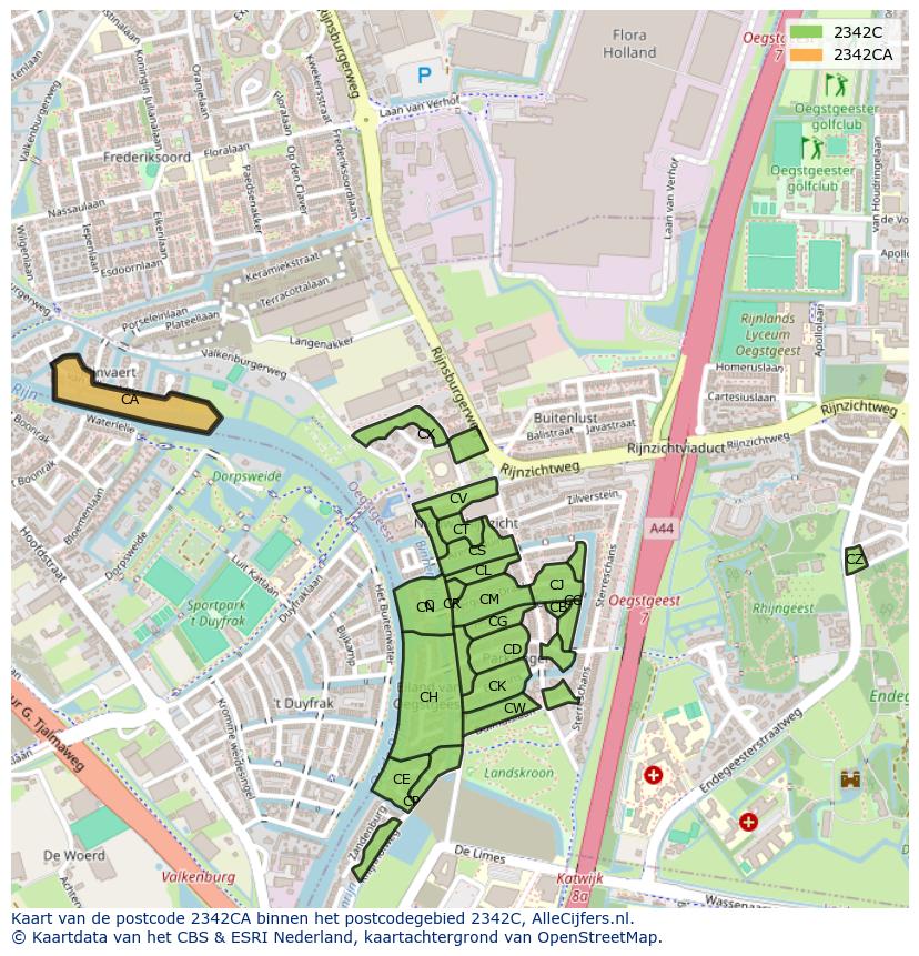 Afbeelding van het postcodegebied 2342 CA op de kaart.