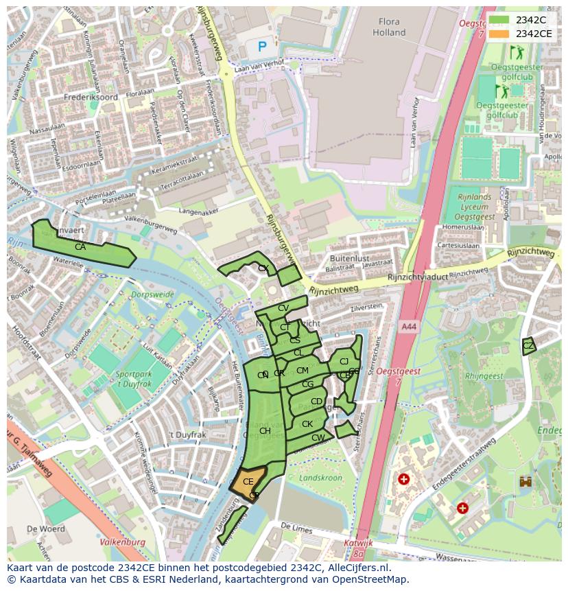 Afbeelding van het postcodegebied 2342 CE op de kaart.
