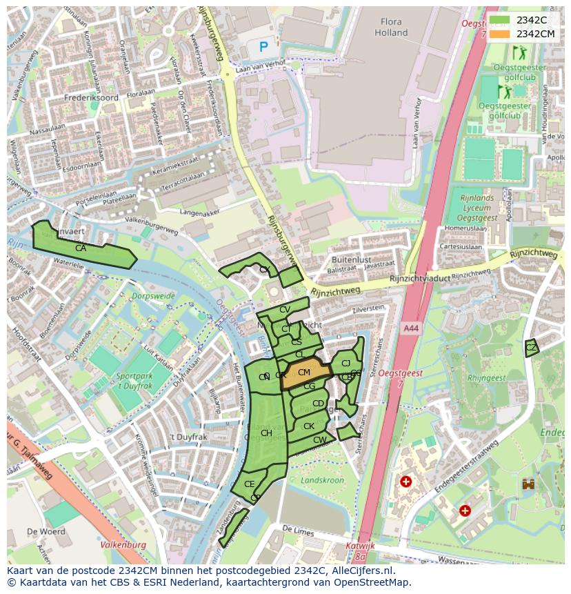 Afbeelding van het postcodegebied 2342 CM op de kaart.