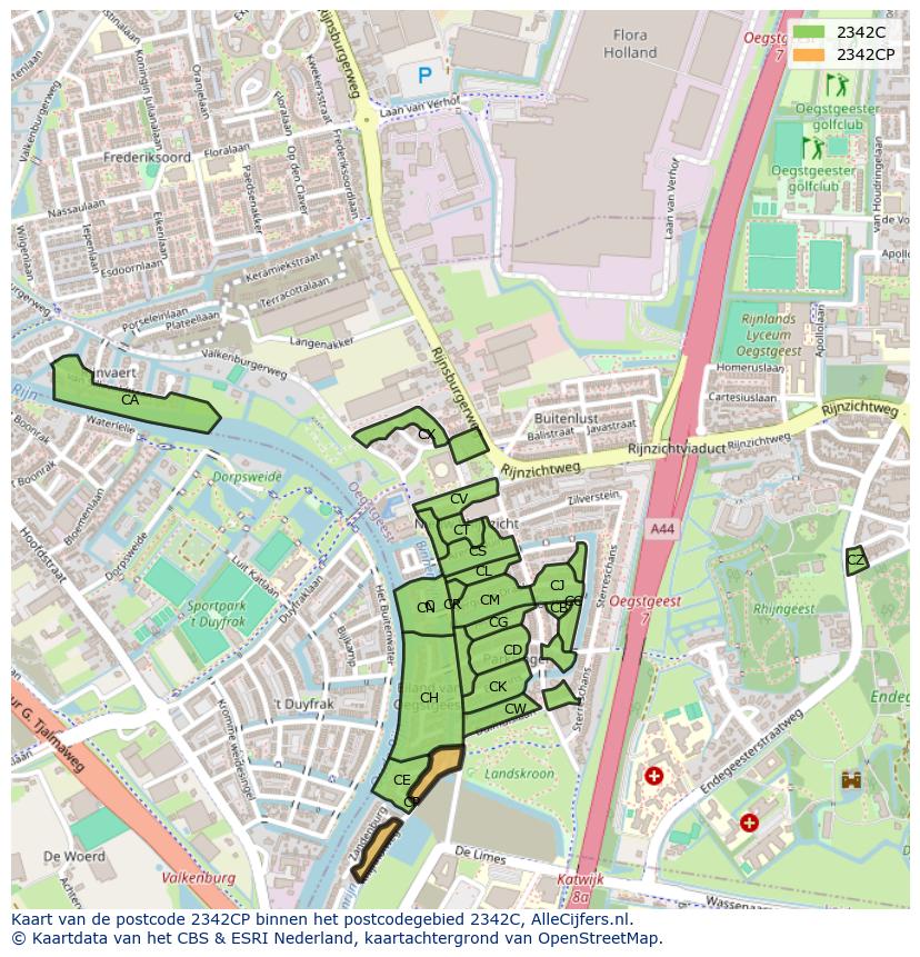 Afbeelding van het postcodegebied 2342 CP op de kaart.