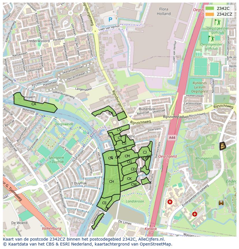 Afbeelding van het postcodegebied 2342 CZ op de kaart.