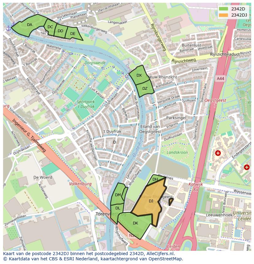 Afbeelding van het postcodegebied 2342 DJ op de kaart.