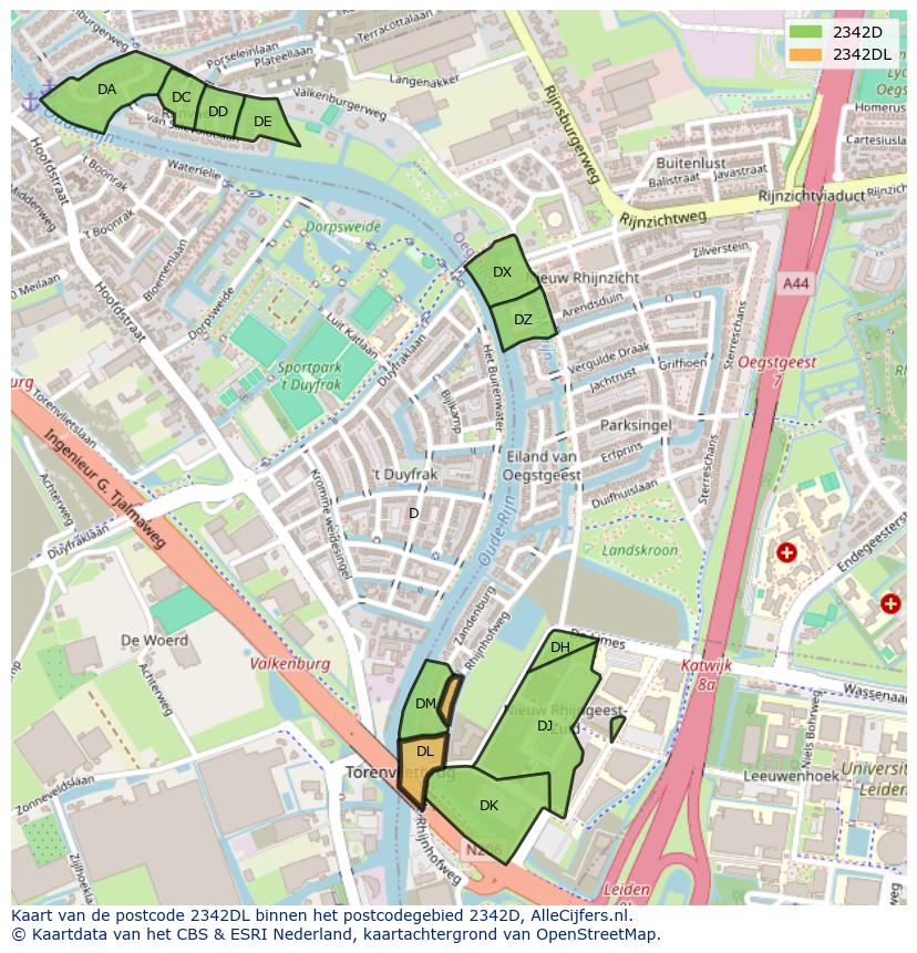 Afbeelding van het postcodegebied 2342 DL op de kaart.
