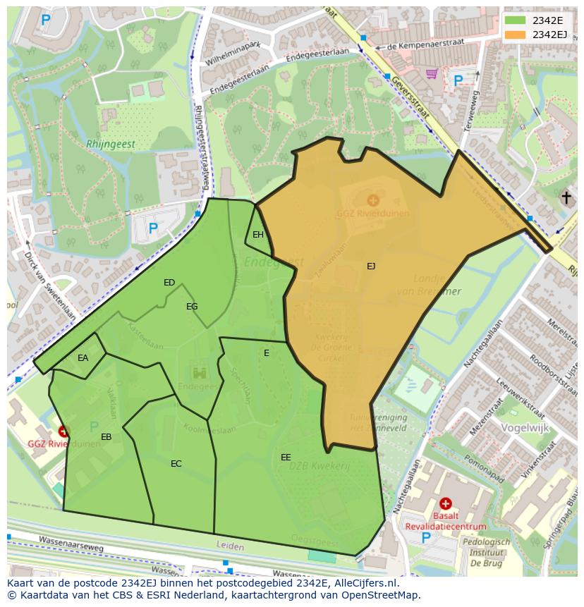 Afbeelding van het postcodegebied 2342 EJ op de kaart.