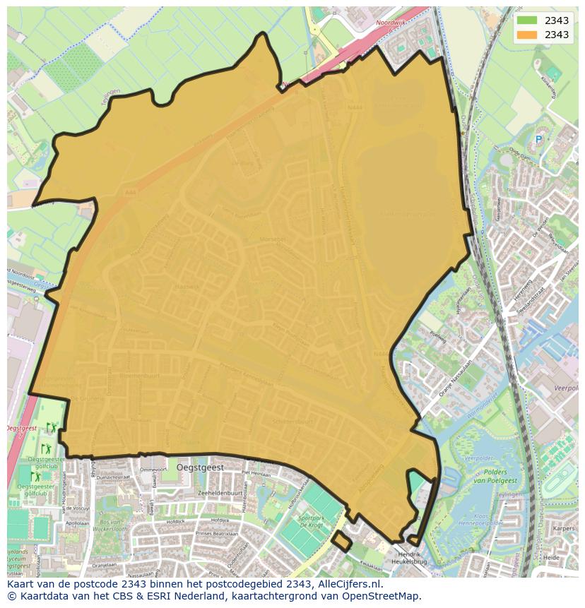 Afbeelding van het postcodegebied 2343 op de kaart.