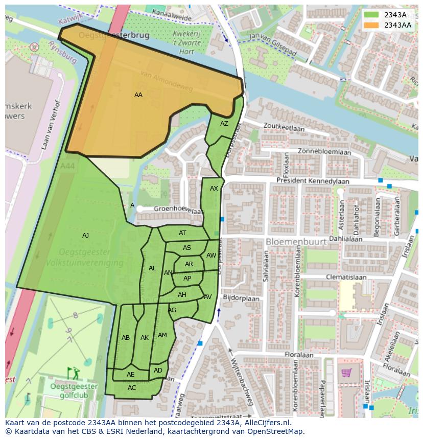 Afbeelding van het postcodegebied 2343 AA op de kaart.