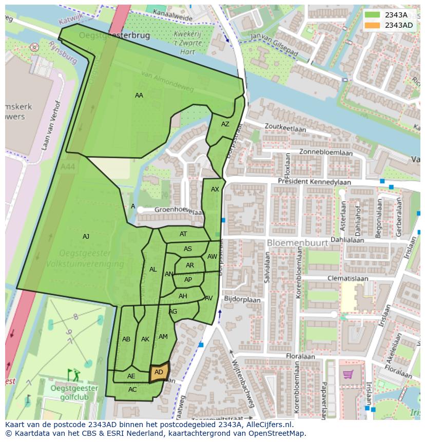 Afbeelding van het postcodegebied 2343 AD op de kaart.