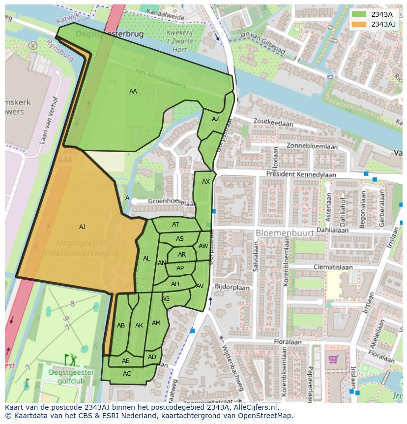 Afbeelding van het postcodegebied 2343 AJ op de kaart.