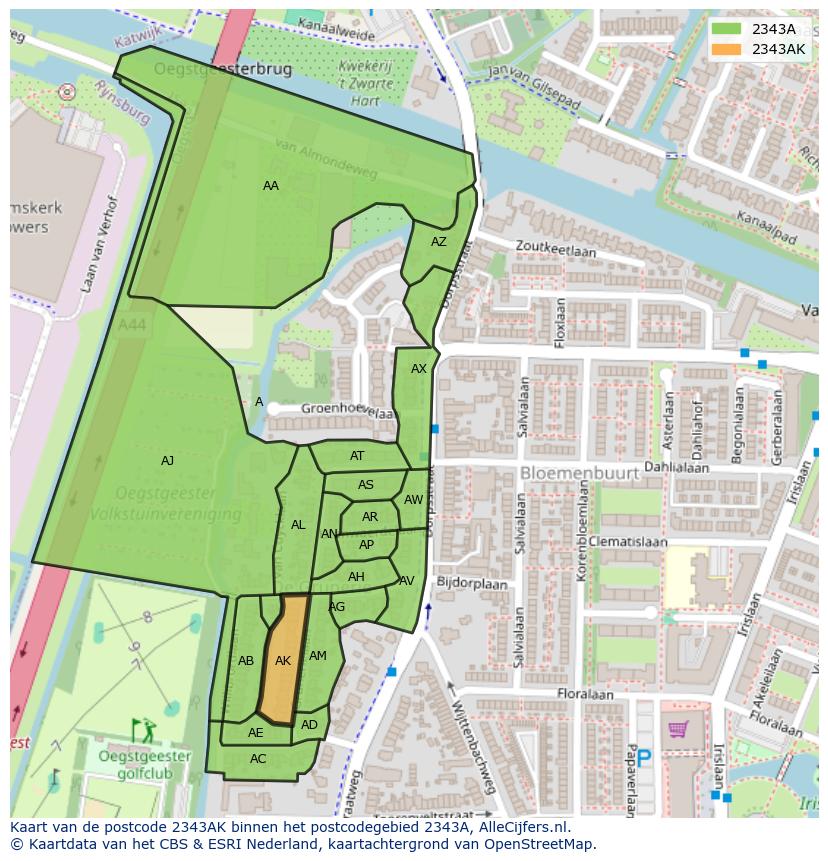 Afbeelding van het postcodegebied 2343 AK op de kaart.