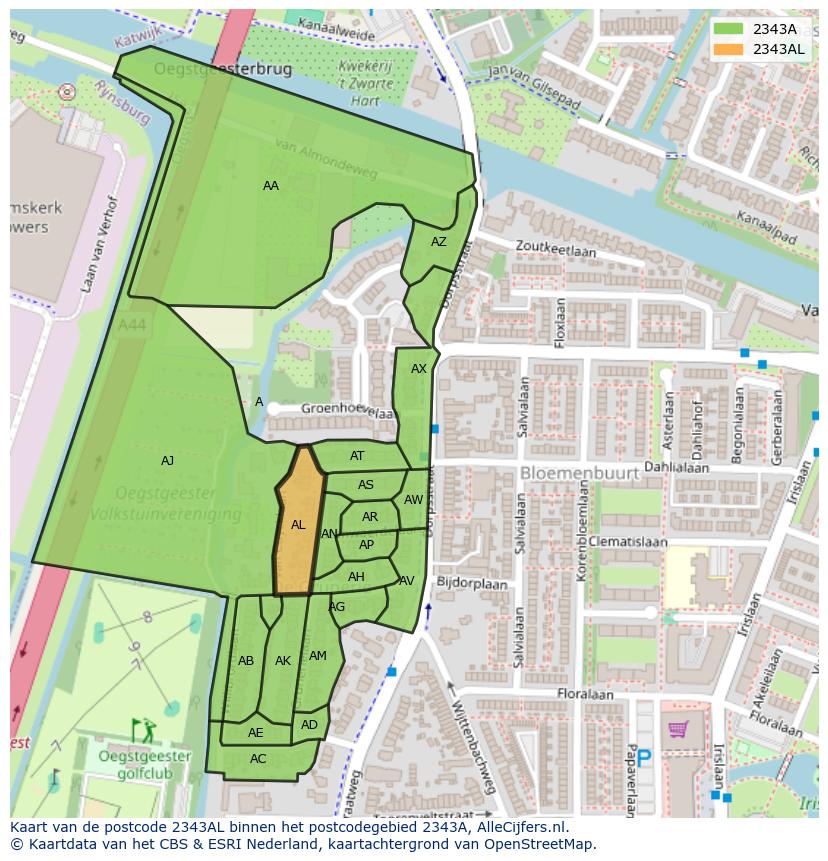 Afbeelding van het postcodegebied 2343 AL op de kaart.
