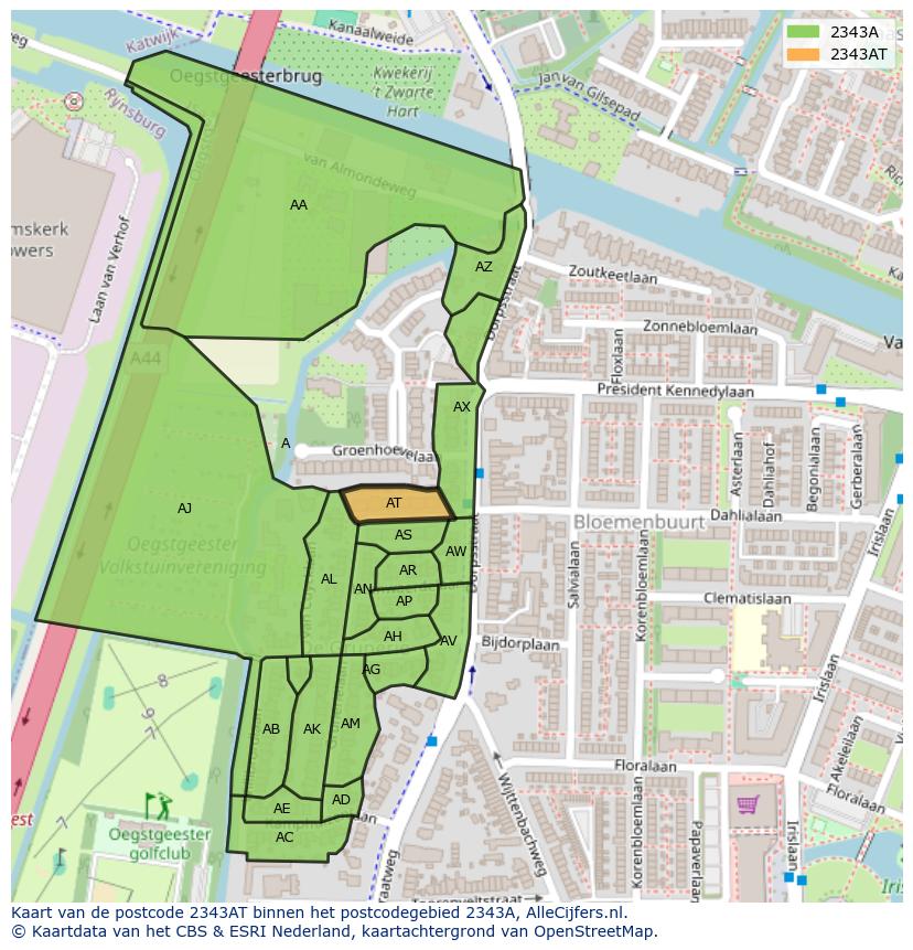 Afbeelding van het postcodegebied 2343 AT op de kaart.
