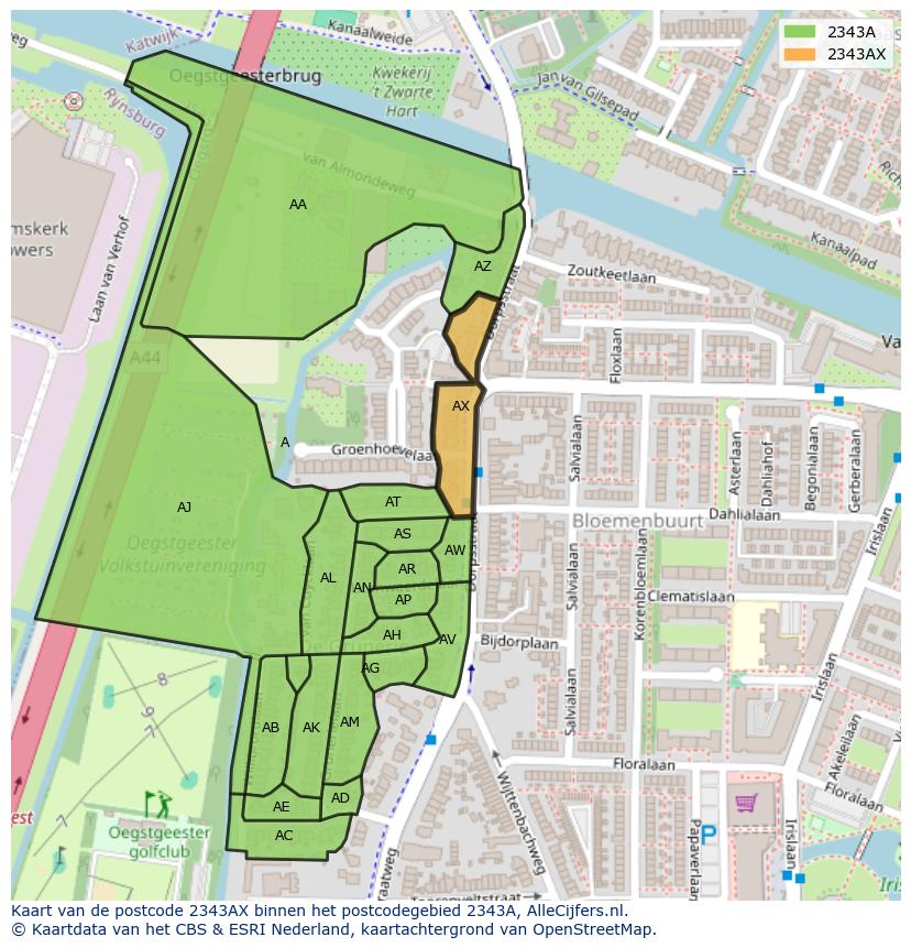 Afbeelding van het postcodegebied 2343 AX op de kaart.