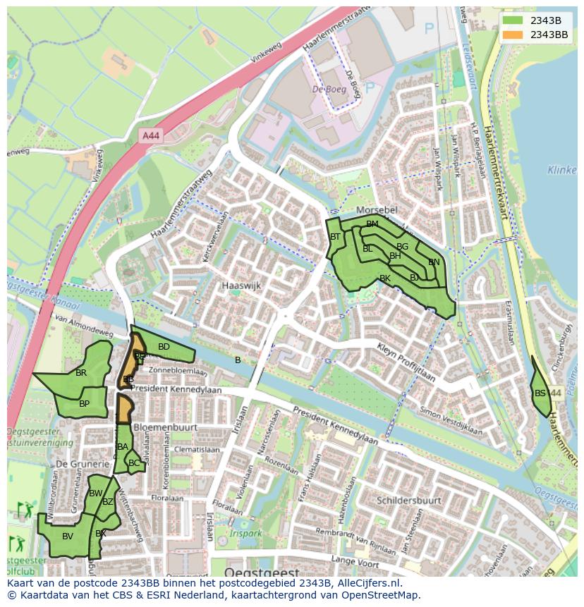 Afbeelding van het postcodegebied 2343 BB op de kaart.